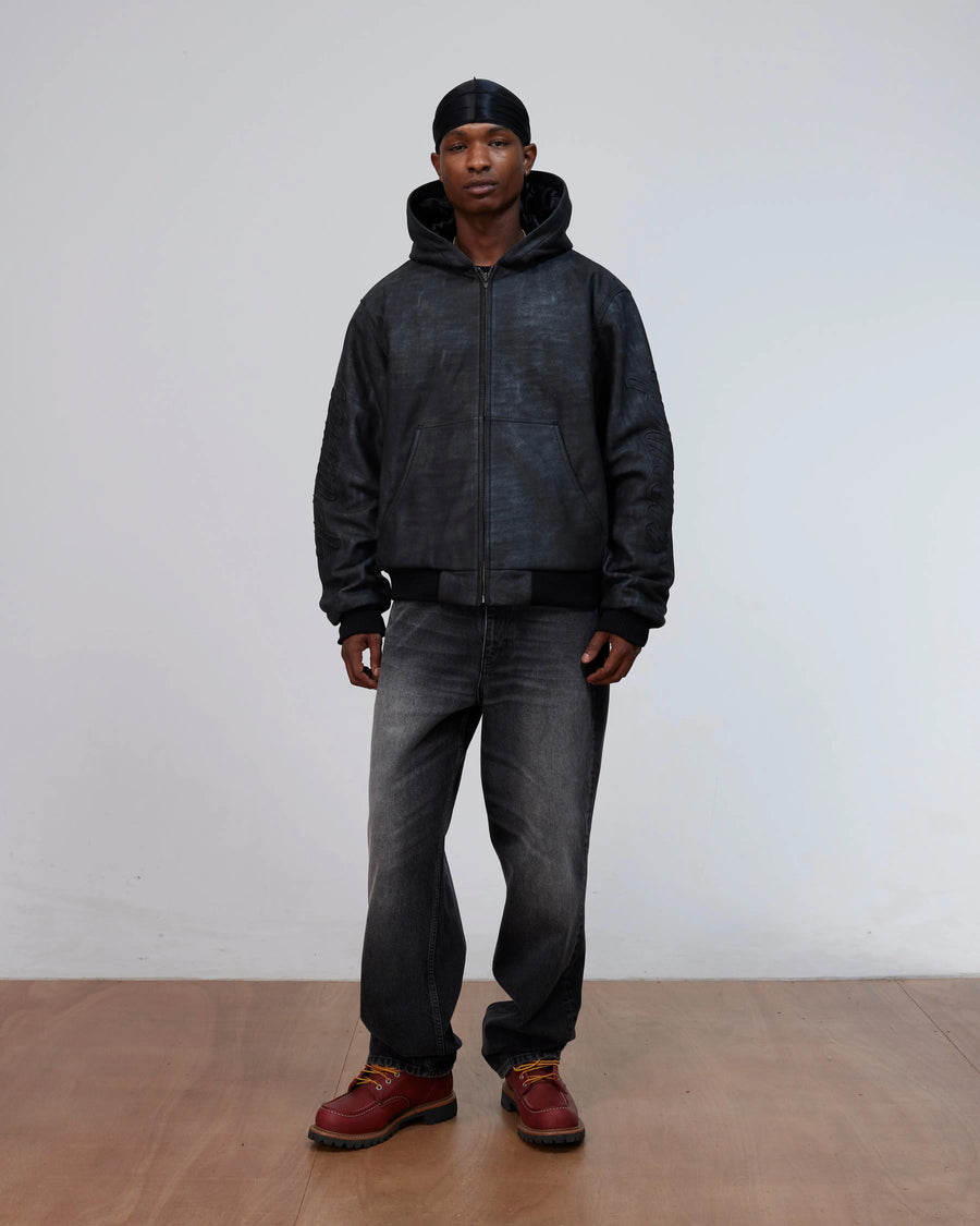 Patta Leather Hooded Bomber Jacket (Black) Patta