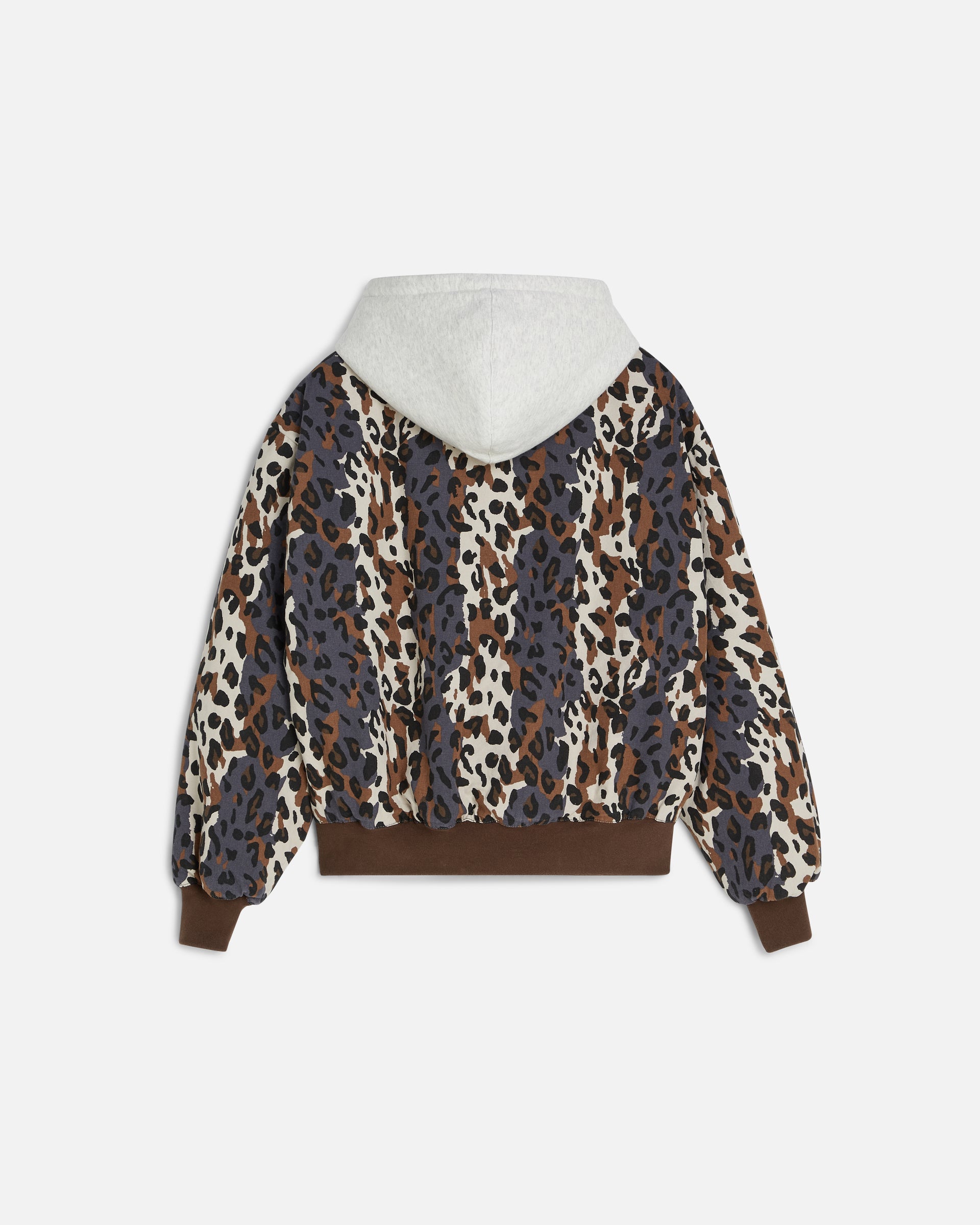 fornt image of the leopard side of the reversible leopard bomer jacket showing the allover leopard print.