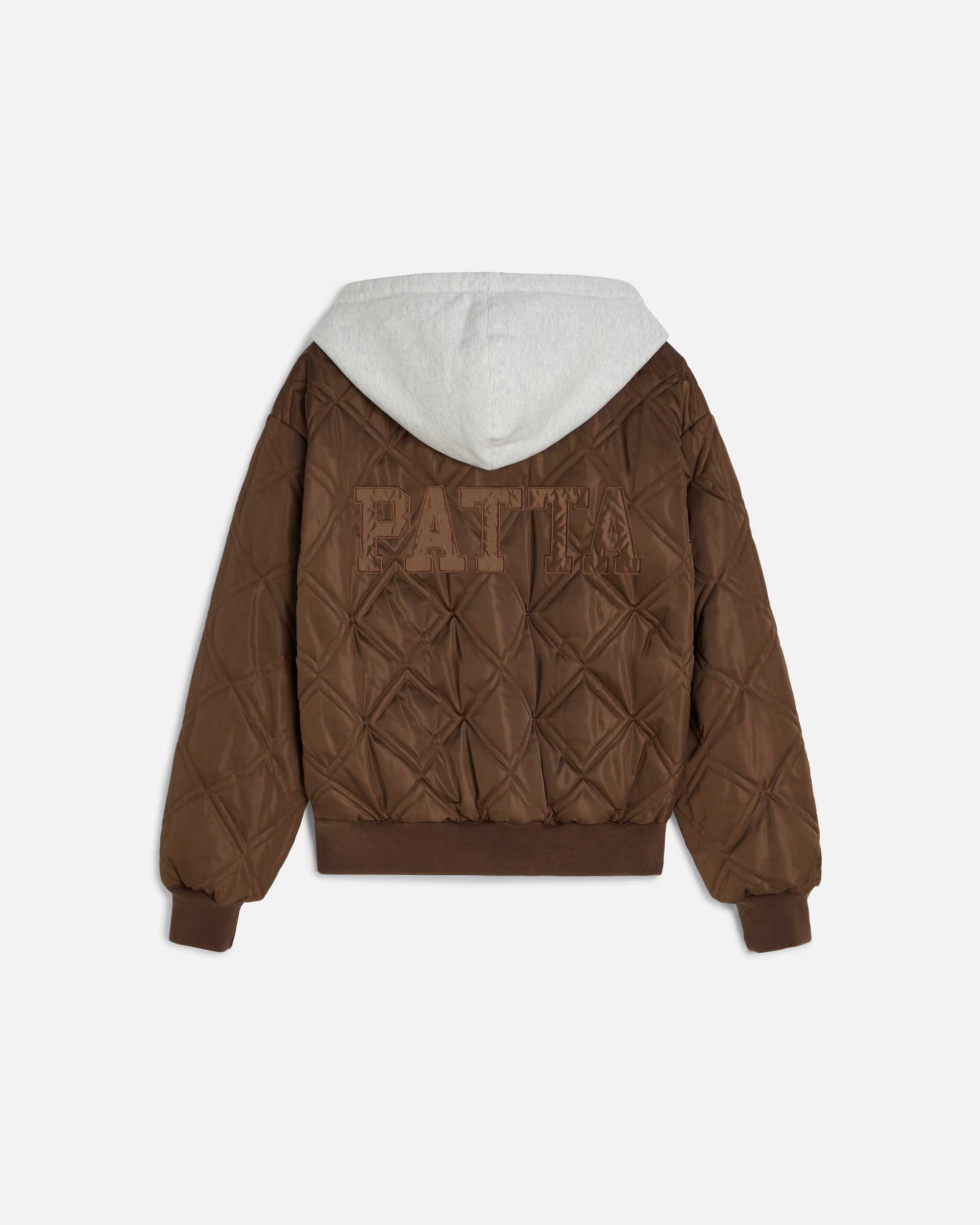 back image of the brown side of the reversible leopard bomer jacket showing the quilted panelling and patta branding on the back