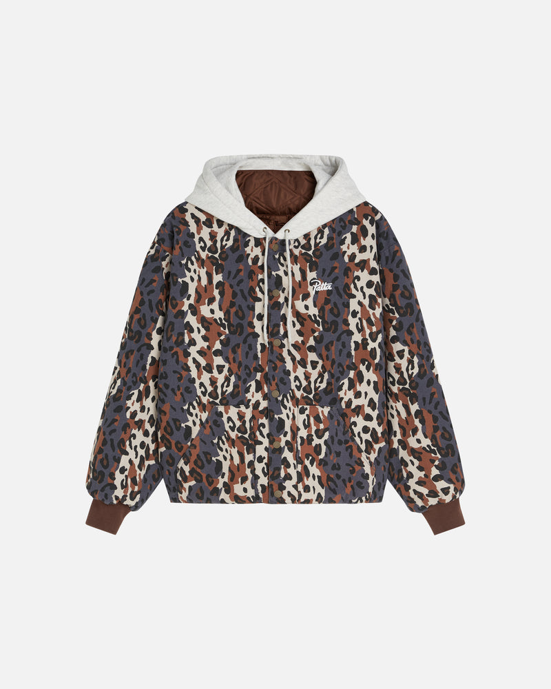 fornt image of the leopard side of the reversible leopard bomer jacket showing the allover leopard print and patta script logo