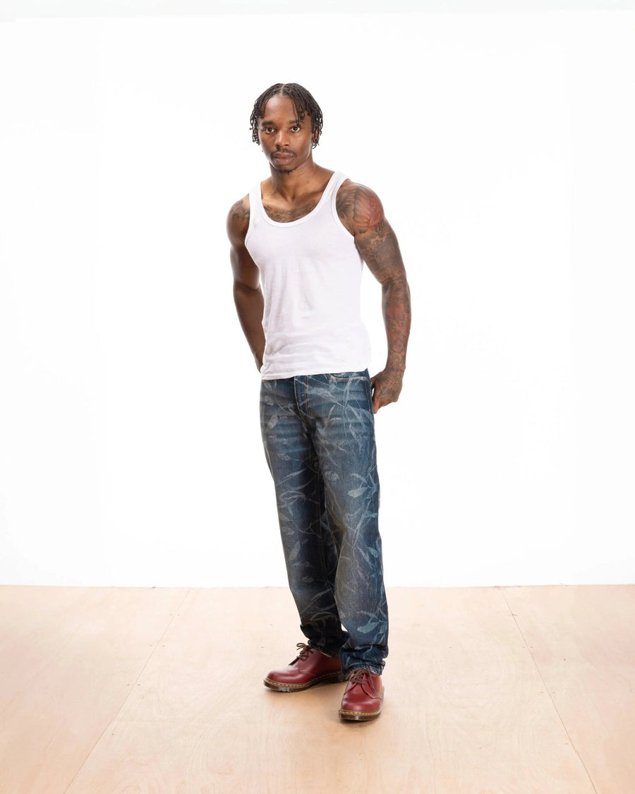 Patta Leaves Laser Print Denim Pants (Blue Denim ) - Patta